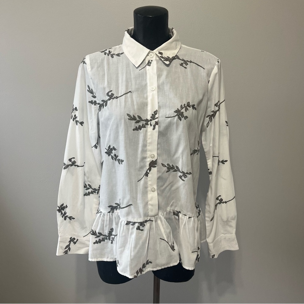 DKNY White and Grey Leaf Print Button Down Shirt